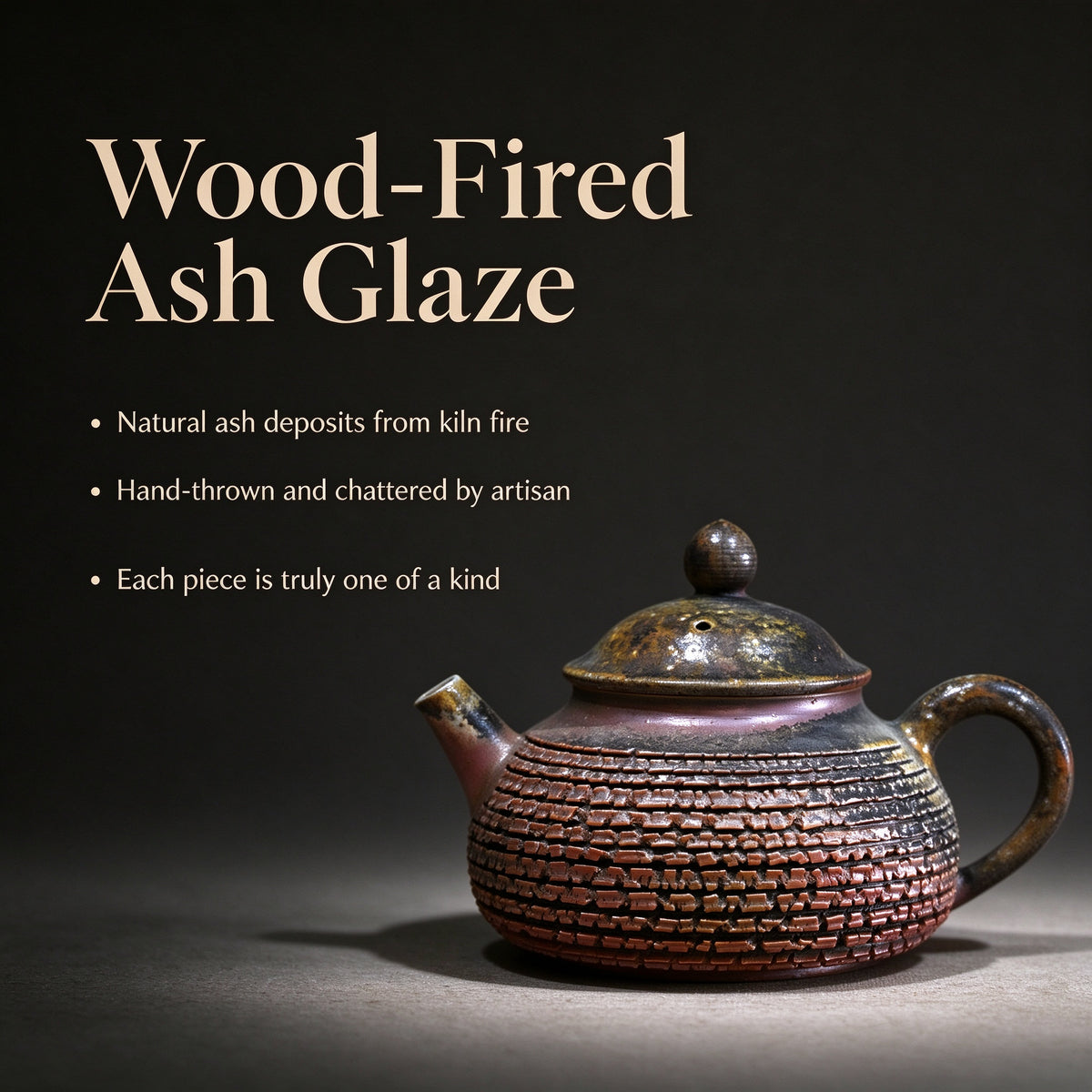 Wood-Fired Natural Pine Ash Glaze Detail on Teapot Shoulder