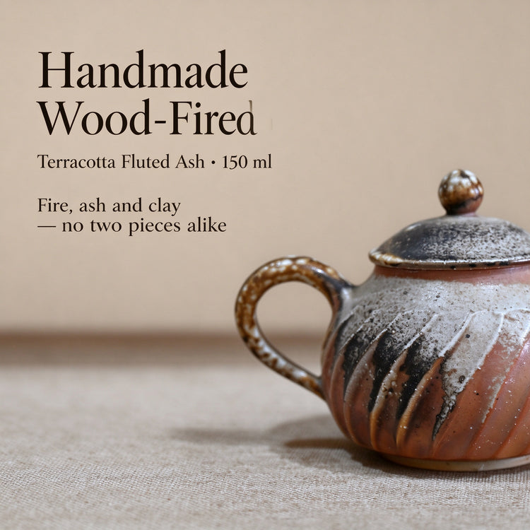 Handmade Wood-Fired Teapot 150ml — Terracotta Fluted Ash Glaze Kyusu