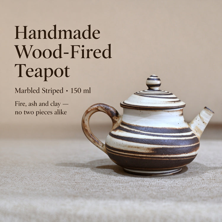 Handmade Wood-Fired Teapot 150ml — Marbled Stripe Stoneware Kyusu