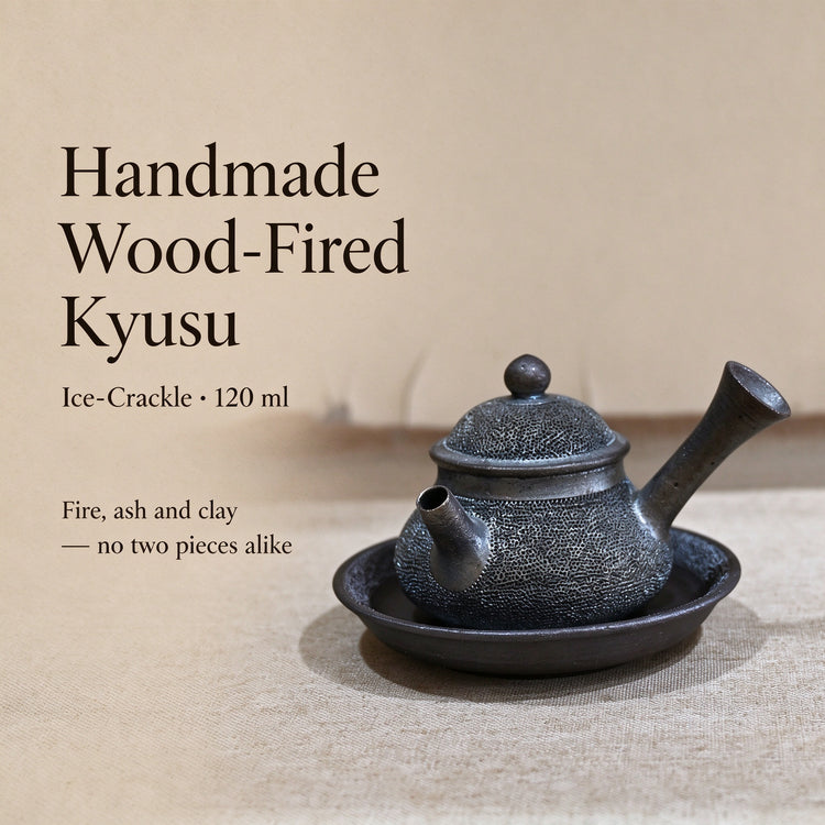 Handmade Wood-Fired Kyusu 120ml — Ice-Crackle Teapot with Saucer