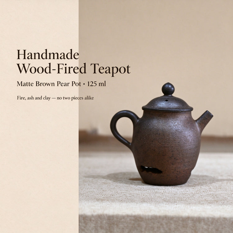 Handmade Wood-Fired Teapot 125ml — Matte Brown Pear-Shaped Stoneware
