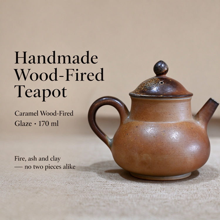 Handmade Wood-Fired Teapot 170ml — Caramel Glaze Stoneware Kyusu