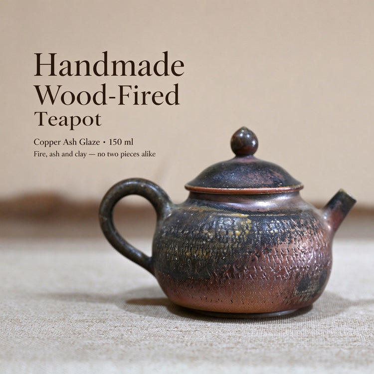 Handmade Wood-Fired Teapot 150ml — Copper Ash Glaze Ceramic Kyusu with Built-in Filter